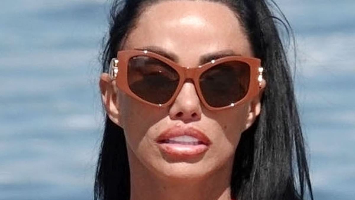 Katie Price shows off the results of her 'painful' botched BBL in a VERY skimpy polka dot bikini as she hits the beach in Ibiza after sparking concern with her weight loss
