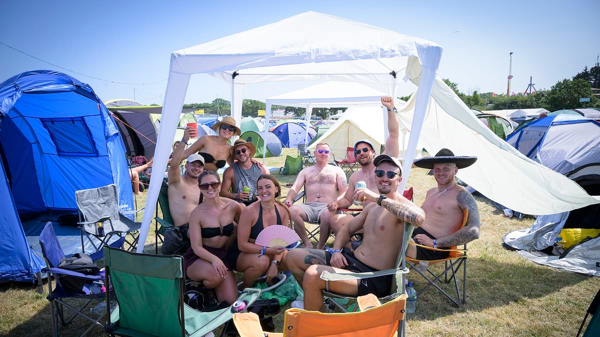 Festival goers on the Isle of Wight explore ways to keep cool as heatwave expected to hit highs of 34C this weekend