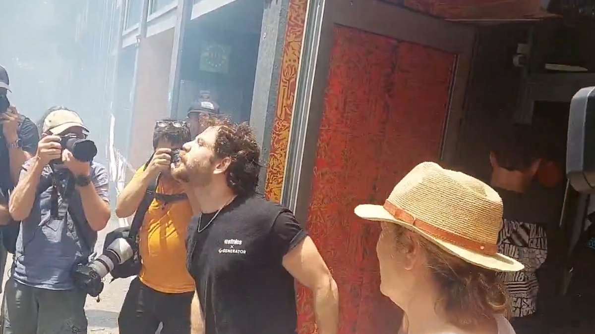 Moment furious hotel worker fights back against crowd of anti-tourism protesters as they seal off his business in Barcelona and bombard it with water guns and smoke canisters