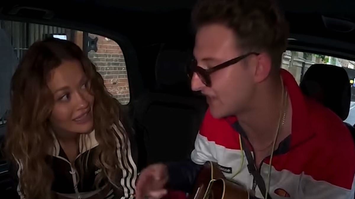 Rita Ora cringes as ukulele busker Liam Cowan hops in her car for an impromptu performance