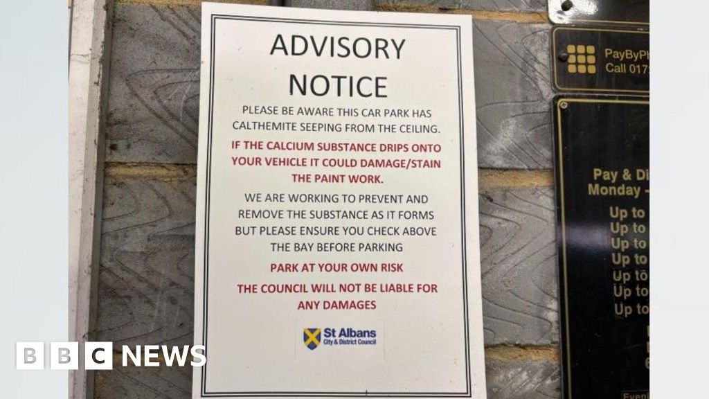 Council notice at St Alban's car park as substance seeps from ceiling