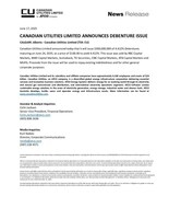 CANADIAN UTILITIES LIMITED ANNOUNCES DEBENTURE ISSUE