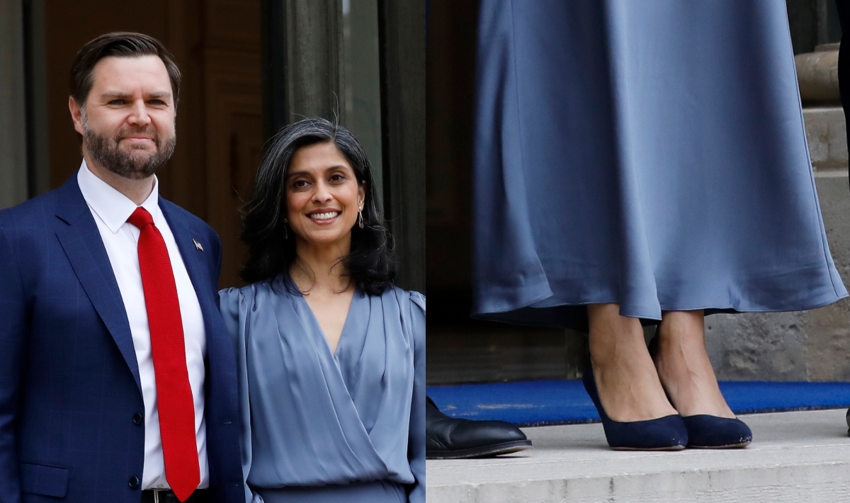 Usha Vance Lunches in Blue Suede Pumps With French President Emmanuel Macron, Brigitte Macron and Husband JD Vance in Paris