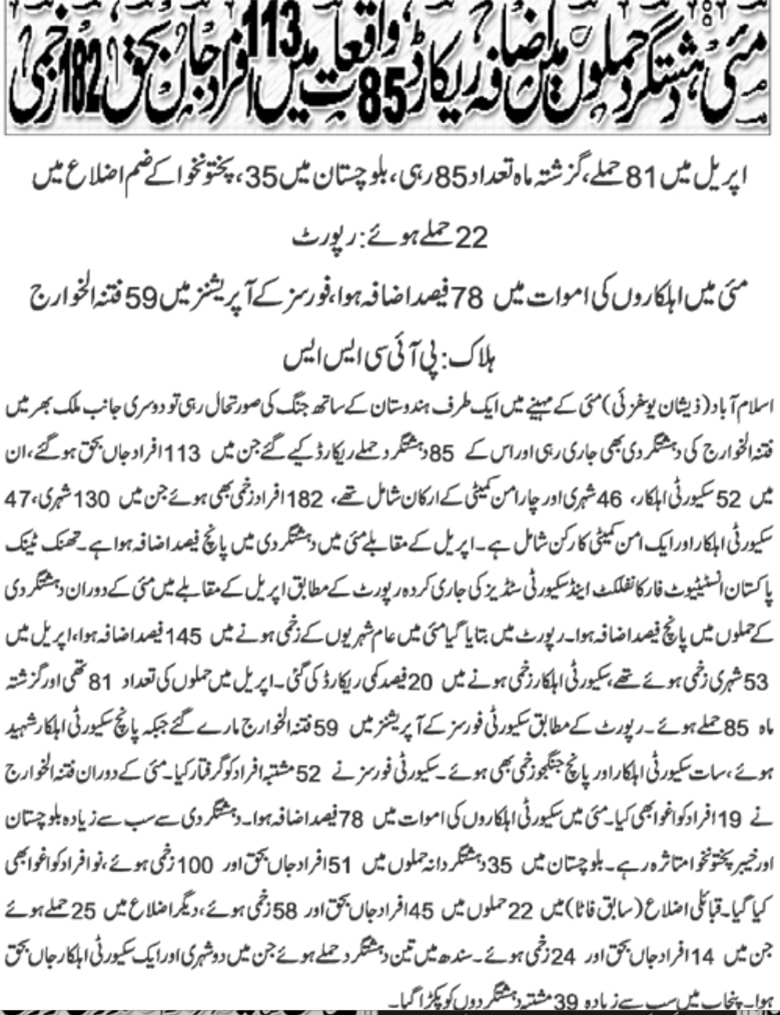 Urdu Daily: 85 Terror Attacks In Pakistan In May 2025 Kill 52 Soldiers, 46 Civilians, Four 'Peace Committee' Members